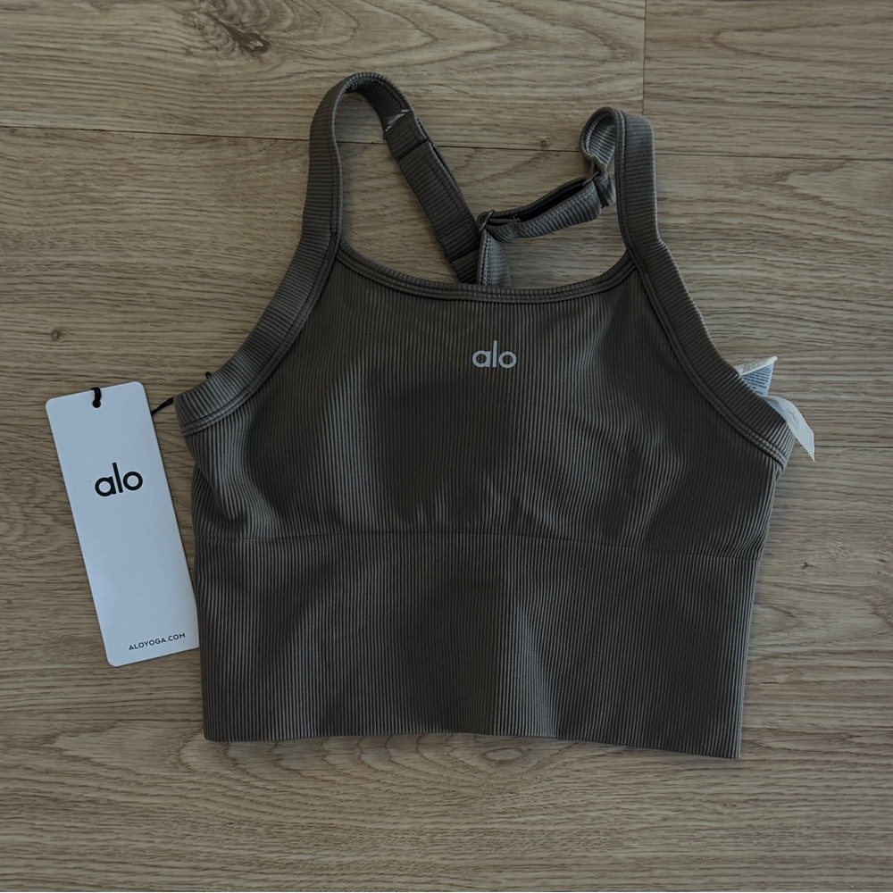 Alo Yoga Seamless Ribbed Favorite Bra Tank in Olive Tree size S- NWT